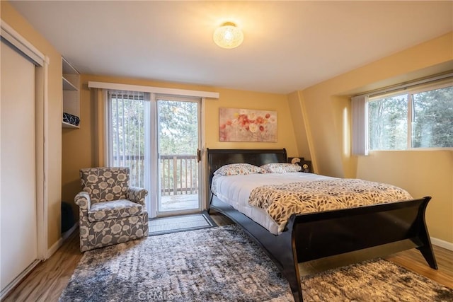 bedroom featuring access to outside, multiple windows, and hardwood / wood-style flooring