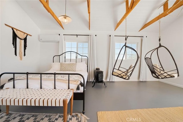 bedroom featuring a wall mounted AC, high vaulted ceiling, multiple windows, and beamed ceiling