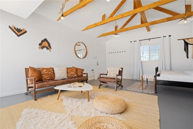 living room featuring beam ceiling and high vaulted ceiling