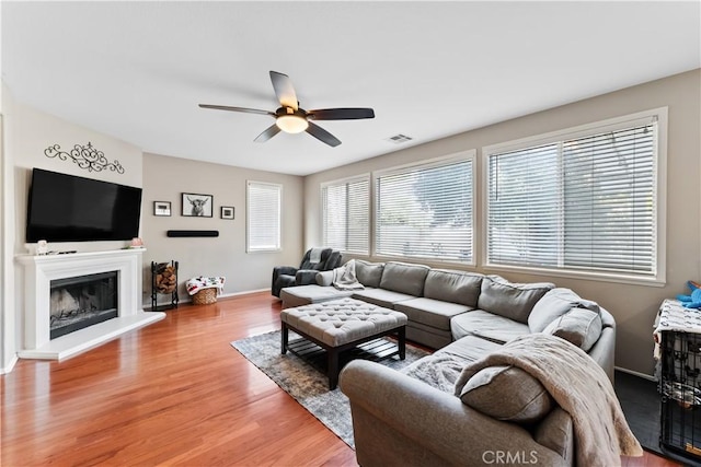 living room featuring hardwood / wood-style floors and ceiling fan