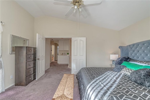 bedroom featuring light colored carpet, ceiling fan, and lofted ceiling