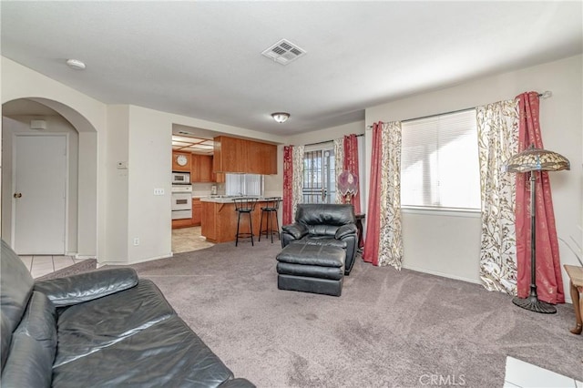 living room with light colored carpet