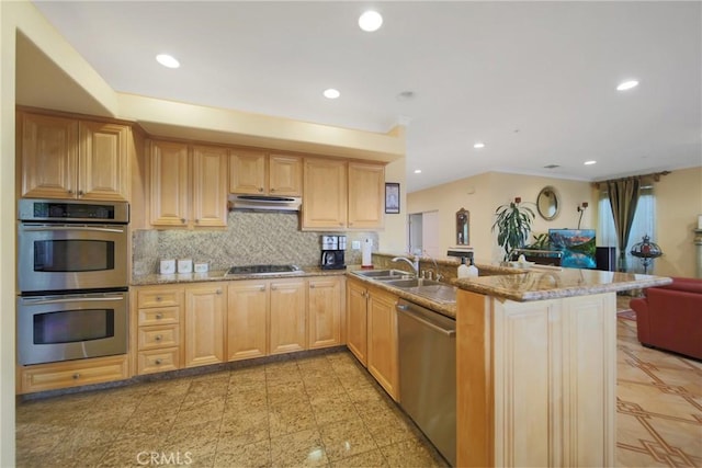 kitchen with light stone countertops, sink, tasteful backsplash, kitchen peninsula, and appliances with stainless steel finishes