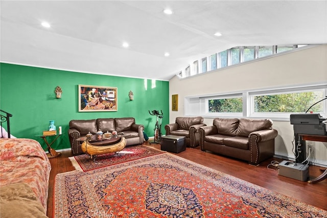 living room with wood-type flooring and vaulted ceiling