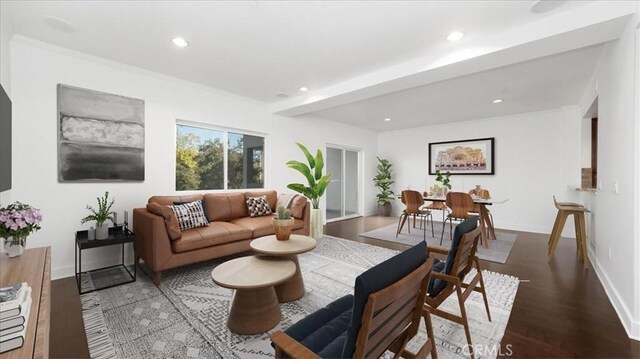 living room with dark hardwood / wood-style floors