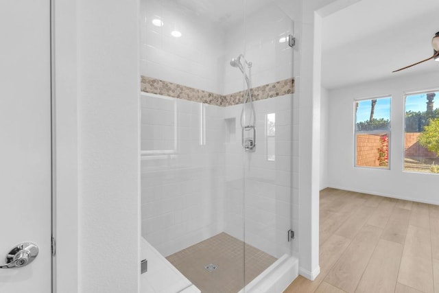 bathroom featuring an enclosed shower and hardwood / wood-style flooring