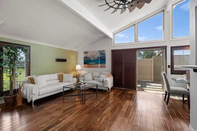 living room featuring ceiling fan, beam ceiling, dark wood-type flooring, and high vaulted ceiling