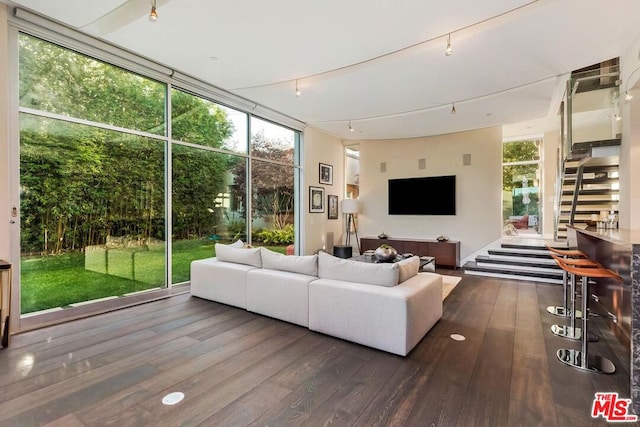 living room featuring dark hardwood / wood-style flooring and expansive windows