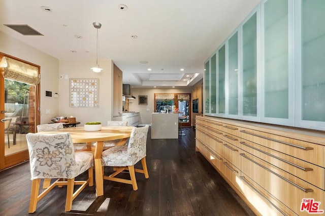 dining room featuring dark wood-type flooring and a tray ceiling