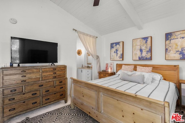 bedroom featuring vaulted ceiling with beams, ceiling fan, and light colored carpet