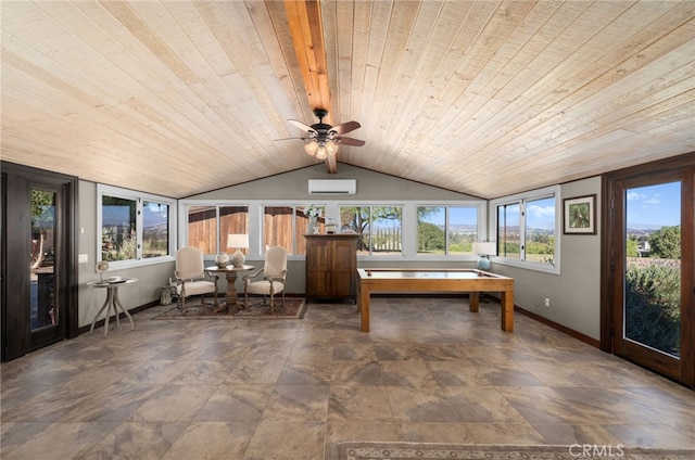 unfurnished sunroom featuring vaulted ceiling, a wall unit AC, ceiling fan, and wooden ceiling