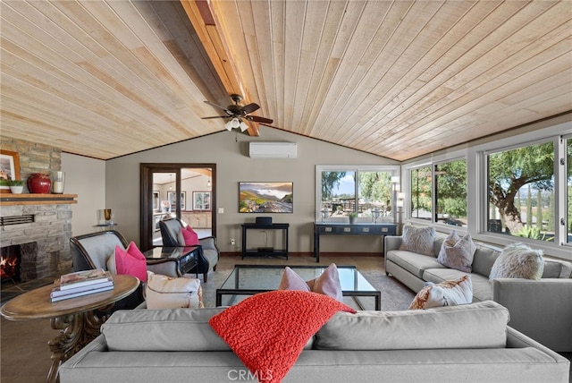 living room with a fireplace, a wall mounted air conditioner, vaulted ceiling, and wood ceiling