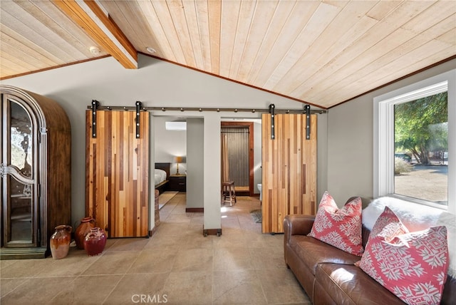 living room featuring vaulted ceiling with beams, a barn door, and wood ceiling