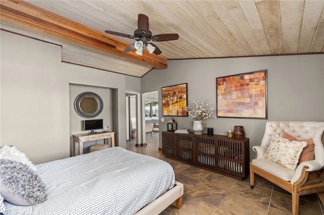 bedroom with lofted ceiling with beams, ceiling fan, and wood ceiling