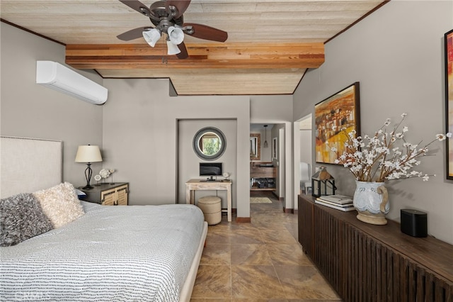 bedroom with a wall mounted AC, beam ceiling, ceiling fan, and wood ceiling