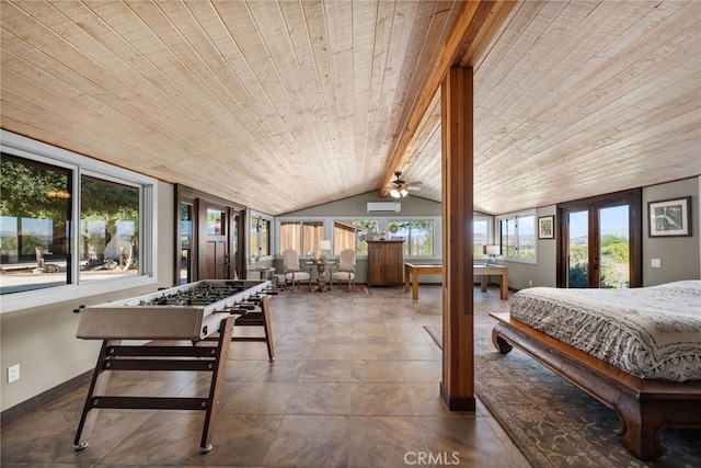 sunroom / solarium with ceiling fan, wooden ceiling, french doors, and lofted ceiling