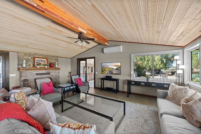 tiled living room with ceiling fan, wooden ceiling, lofted ceiling with beams, a wall unit AC, and a fireplace