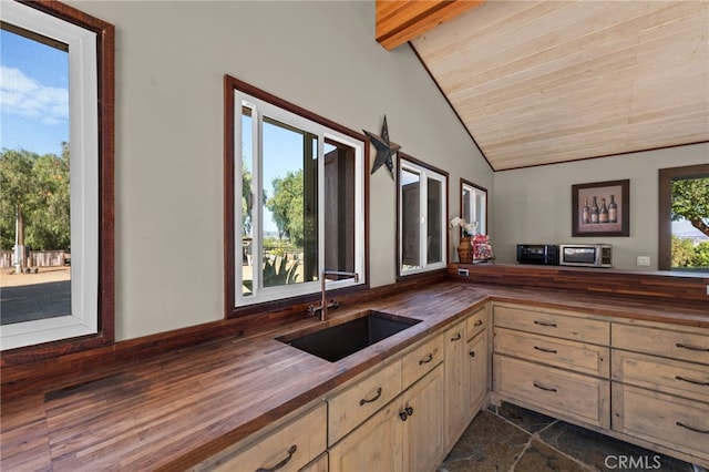 kitchen featuring butcher block countertops, lofted ceiling with beams, wood ceiling, and sink