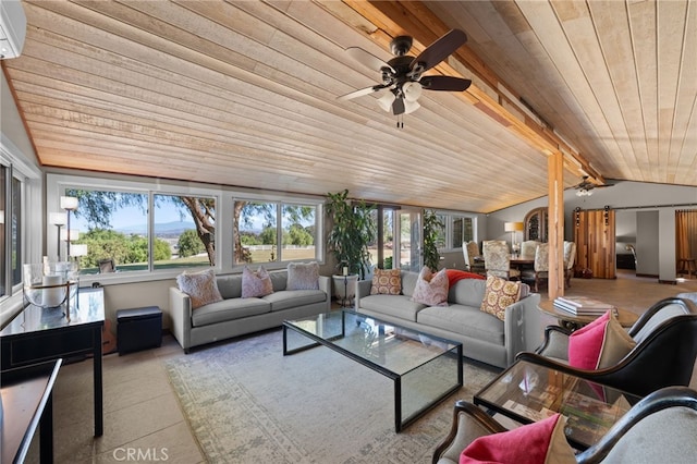 sunroom / solarium with vaulted ceiling with beams, ceiling fan, and wooden ceiling