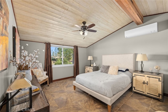 bedroom with lofted ceiling, a wall unit AC, ceiling fan, and wooden ceiling