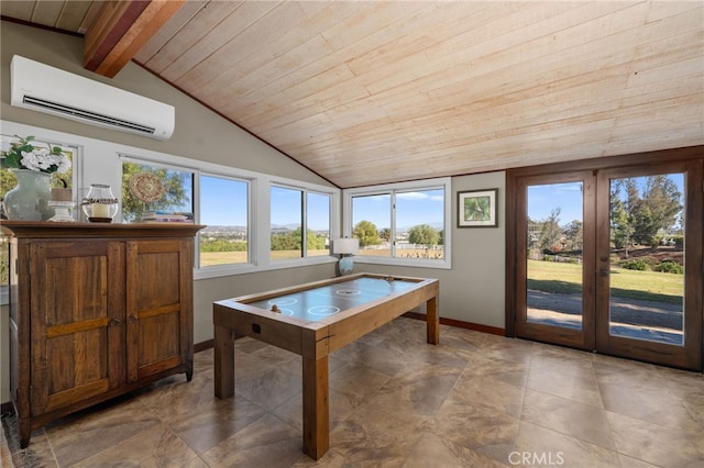 rec room with a wall unit AC, vaulted ceiling with beams, french doors, and wooden ceiling