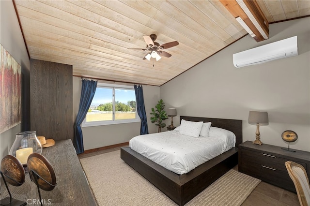 bedroom featuring a wall mounted AC, ceiling fan, wooden ceiling, and vaulted ceiling with beams