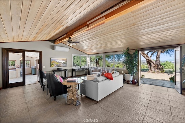 unfurnished sunroom with a wall unit AC, vaulted ceiling with beams, ceiling fan, and wooden ceiling