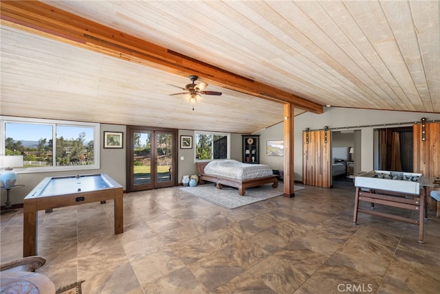 bedroom featuring a barn door, ceiling fan, wood ceiling, and vaulted ceiling with beams