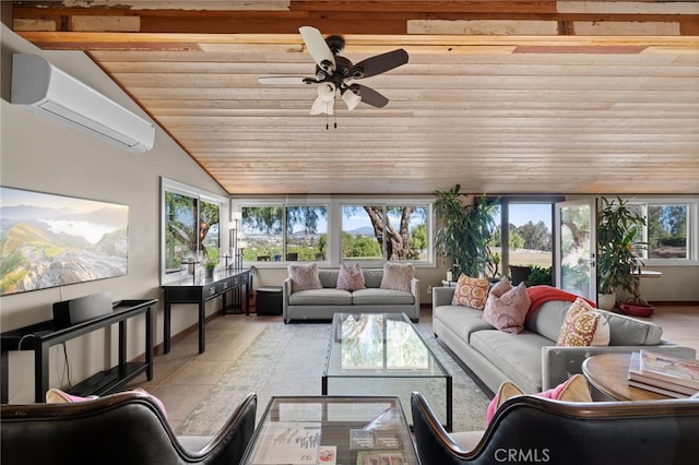 sunroom / solarium with a wall unit AC, wooden ceiling, a healthy amount of sunlight, and vaulted ceiling