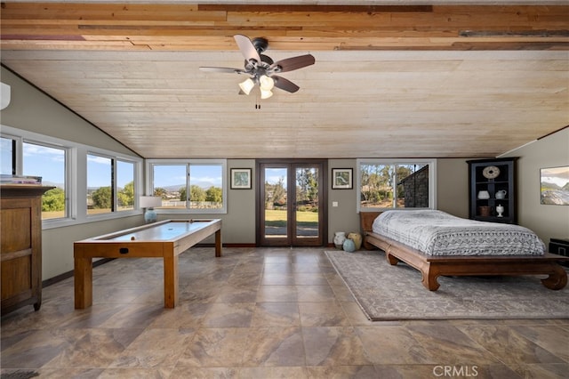 bedroom featuring access to exterior, ceiling fan, and wood ceiling