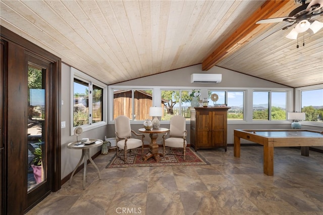 sunroom / solarium with a wall mounted air conditioner, vaulted ceiling with beams, ceiling fan, and wood ceiling