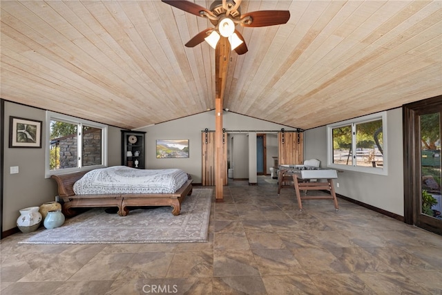 bedroom featuring vaulted ceiling with beams, ceiling fan, and wooden ceiling