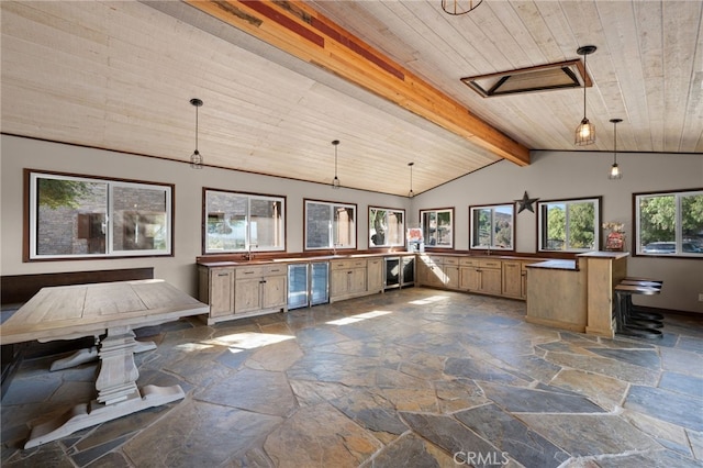 misc room with beamed ceiling, wine cooler, and wooden ceiling