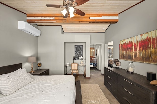 tiled bedroom featuring lofted ceiling with beams, an AC wall unit, ceiling fan, and wood ceiling