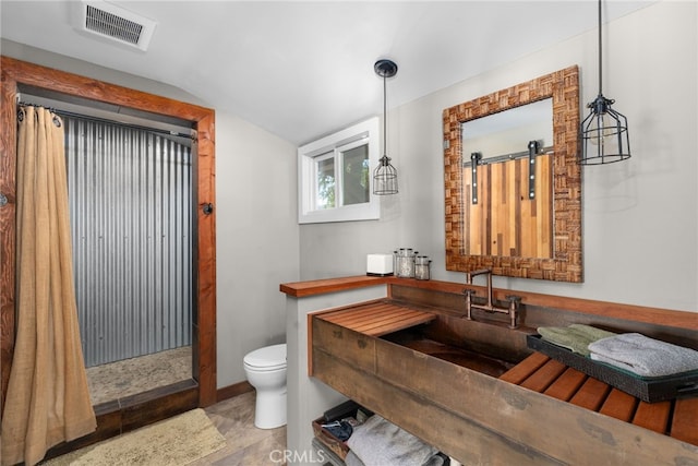 bathroom with a shower with curtain, sink, vaulted ceiling, toilet, and wood-type flooring