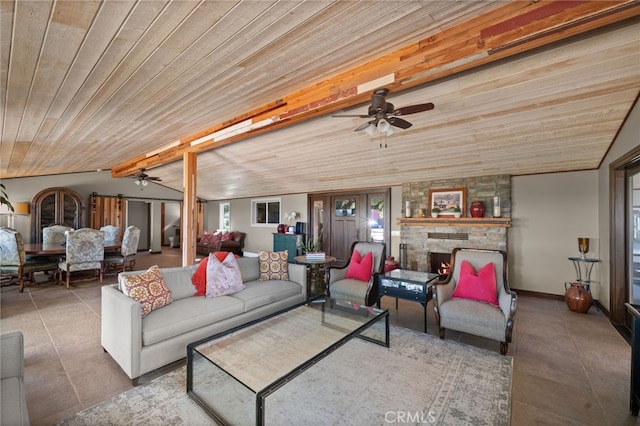 living room featuring vaulted ceiling with beams, ceiling fan, a fireplace, and wooden ceiling