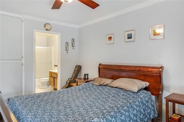 bedroom with ceiling fan, crown molding, light tile patterned floors, and ensuite bathroom