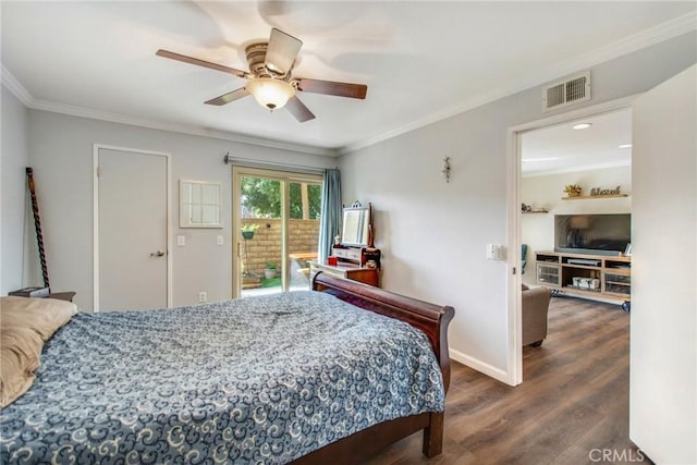 bedroom with access to outside, ceiling fan, crown molding, and dark hardwood / wood-style floors