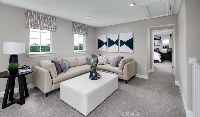 living room featuring light colored carpet