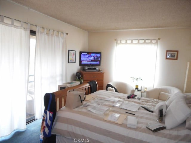 bedroom featuring carpet flooring, access to exterior, and a textured ceiling