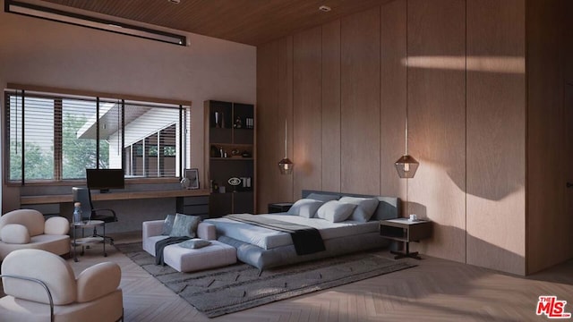 bedroom with wood ceiling, wooden walls, and light parquet flooring