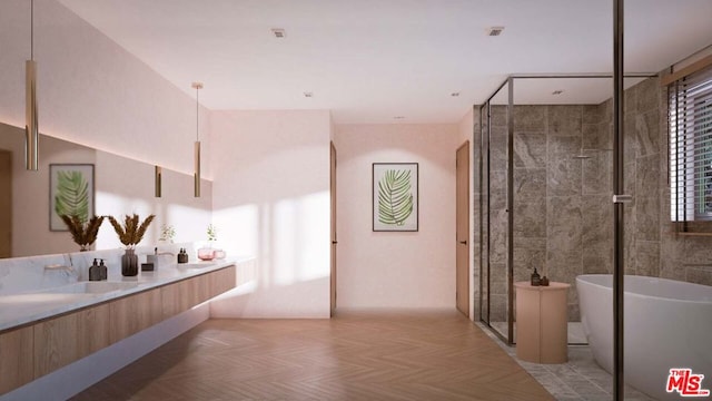 bathroom with vanity, independent shower and bath, and parquet flooring