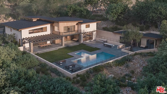 rear view of house featuring a balcony, a yard, a fenced in pool, and a patio area