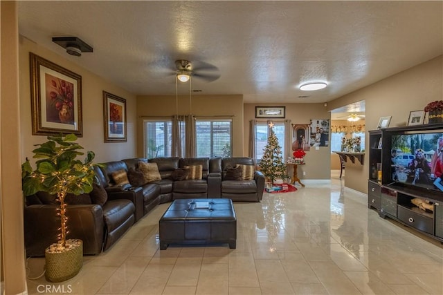 living room featuring a textured ceiling