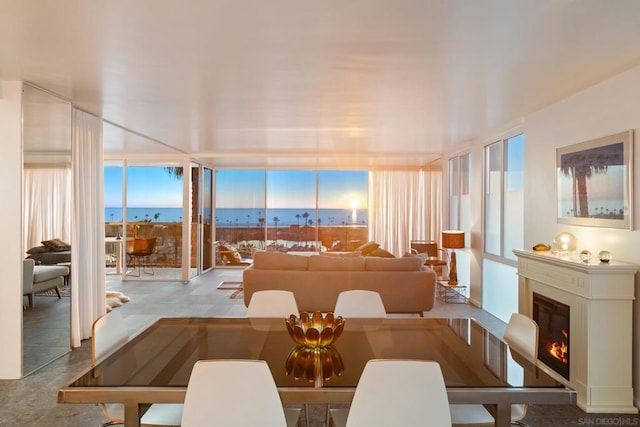 dining room with a water view