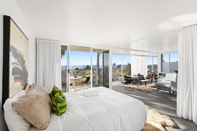 bedroom with access to exterior and a wall of windows