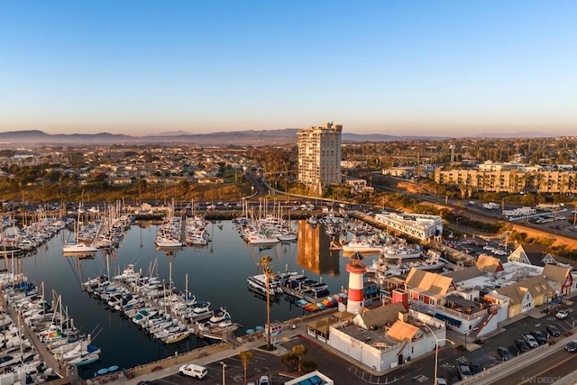 aerial view at dusk with a water view