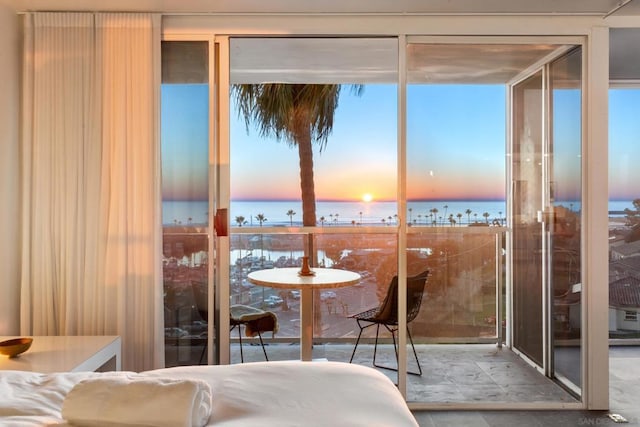 sunroom featuring a water view