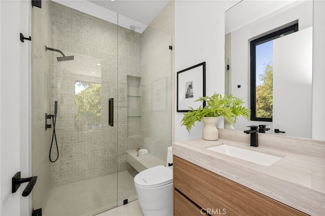 bathroom with vanity, toilet, and an enclosed shower