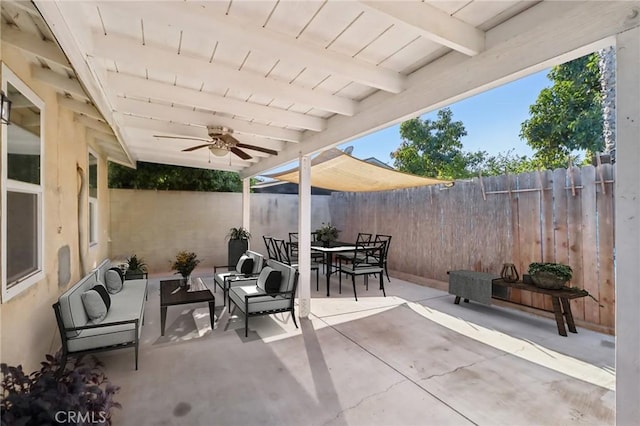 view of patio / terrace with ceiling fan and an outdoor hangout area